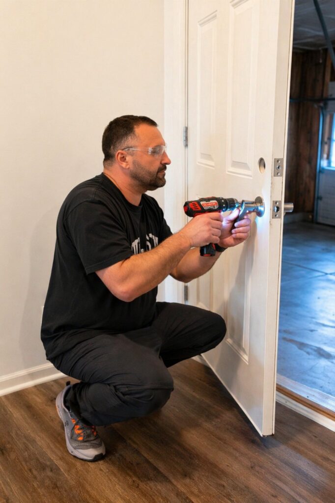 Handyman installing a door handle and lock