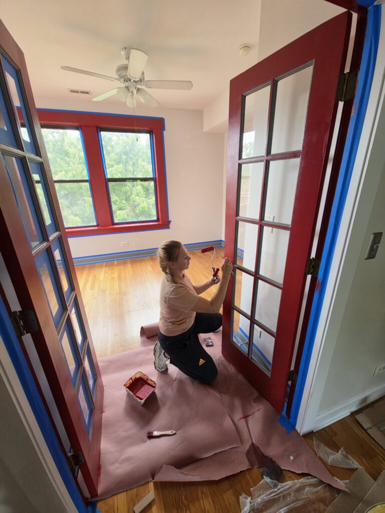 Painting French doors, floor protected