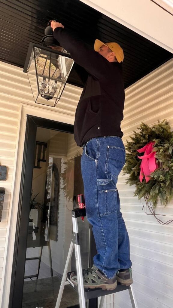 Outdoor porch lantern installation Chicago — installing a large entry lantern